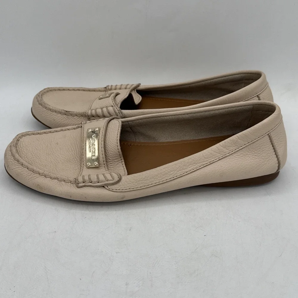 COACH Driving Loafers Fredrica Pebbled Leather Ivory Flats Slip On Womens 8.5B